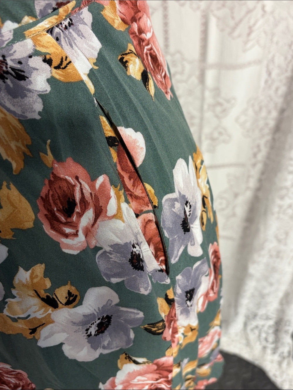 Listicle Green Floral Wrap Mini Dress with Pink and Gray Blooms - Picture 6 of 8